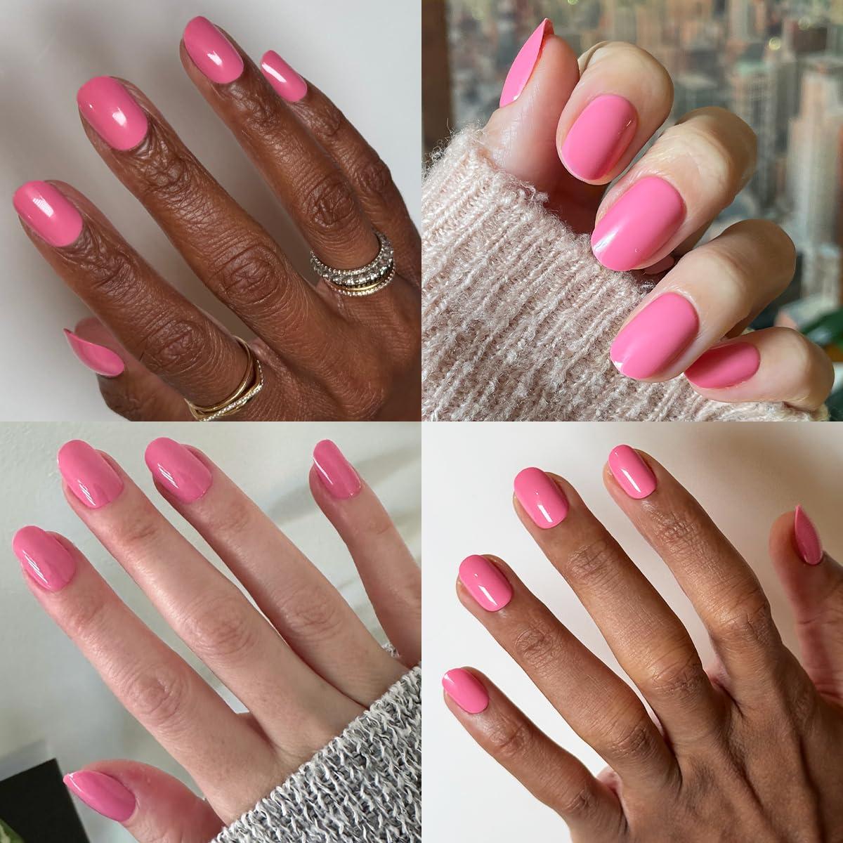 imageOlive ampamp June Classic Super Stick Mani Press On Nails Short Round No Glue Needed 32 Tab Nails in 16 Sizes NonToxic Tabs Easy OnOff NonDamaging 7Day Wear Taffy Bright Pink