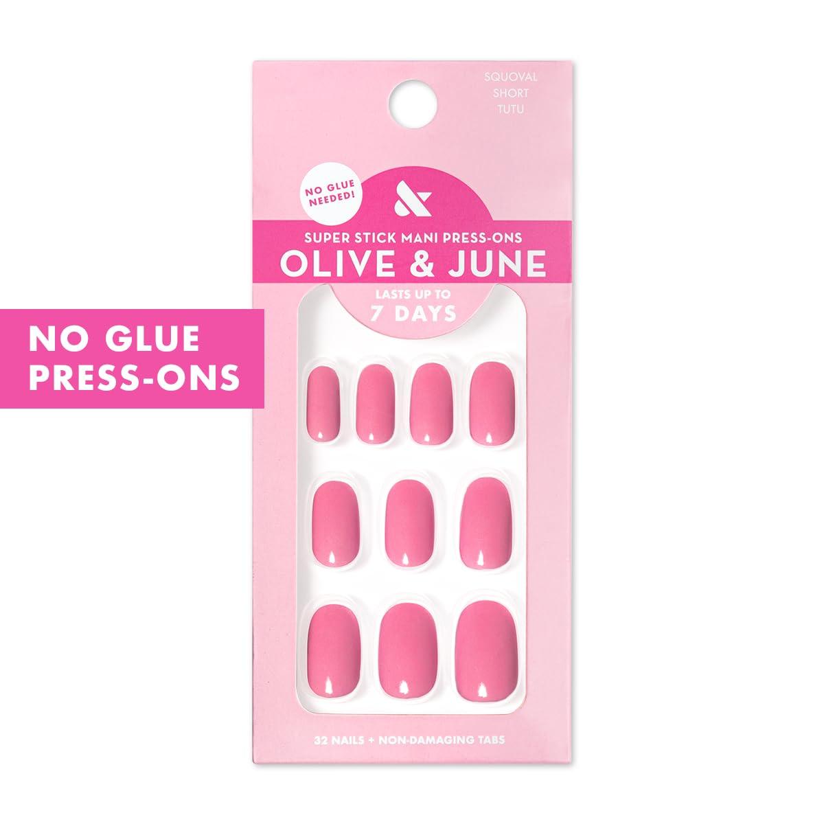 imageOlive ampamp June Classic Super Stick Mani Press On Nails Short Round No Glue Needed 32 Tab Nails in 16 Sizes NonToxic Tabs Easy OnOff NonDamaging 7Day Wear Taffy Bright Pink