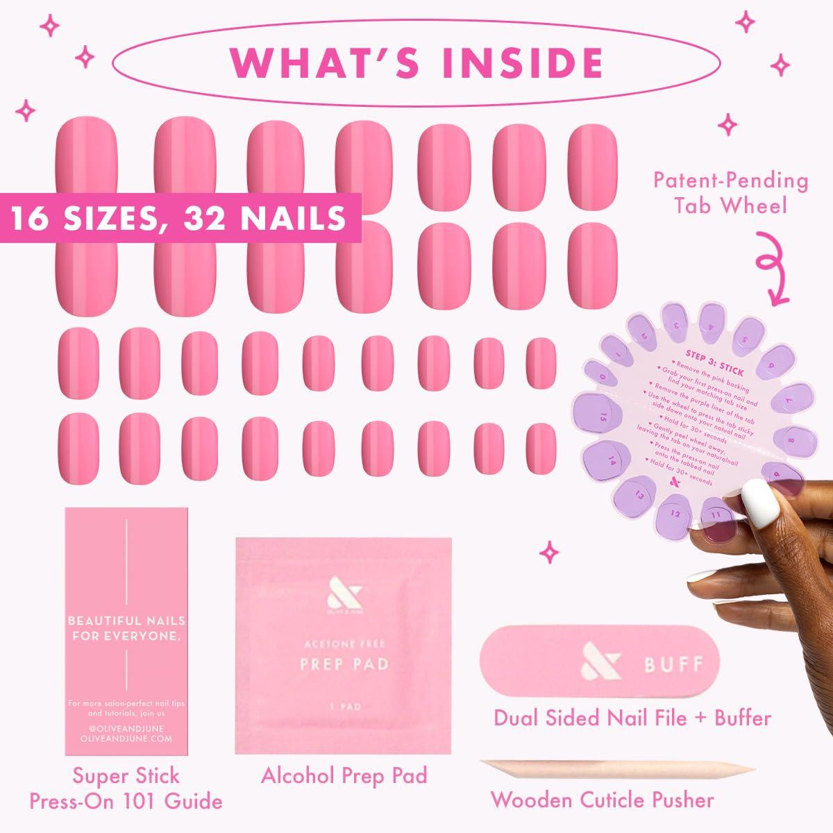 imageOlive ampamp June Classic Super Stick Mani Press On Nails Short Round No Glue Needed 32 Tab Nails in 16 Sizes NonToxic Tabs Easy OnOff NonDamaging 7Day Wear Taffy Bright Pink