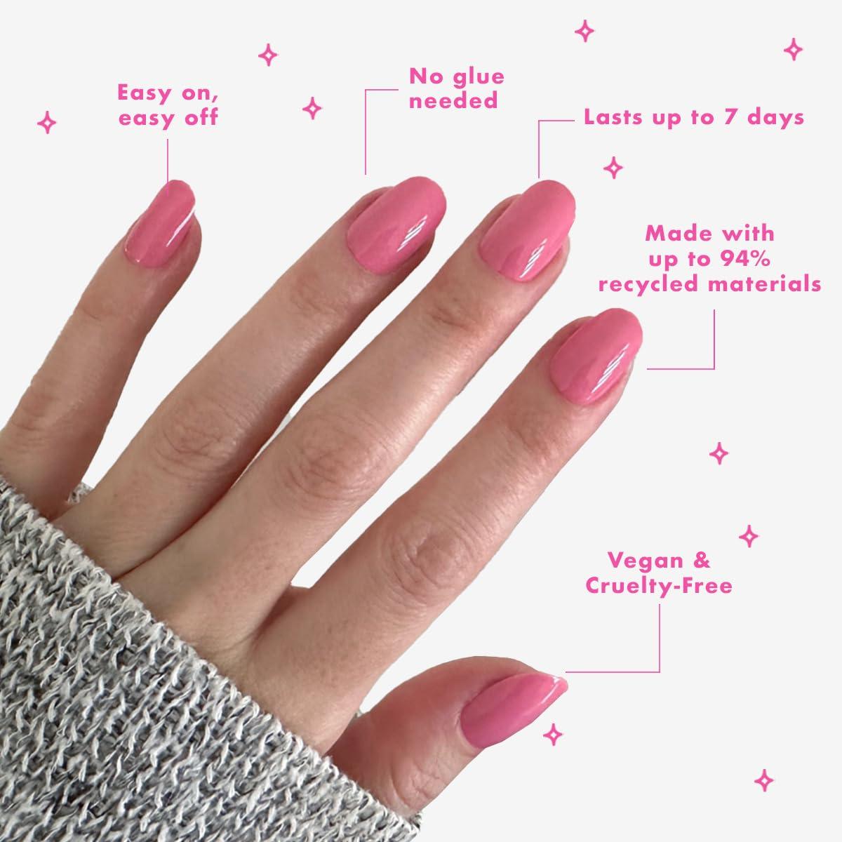 imageOlive ampamp June Classic Super Stick Mani Press On Nails Short Round No Glue Needed 32 Tab Nails in 16 Sizes NonToxic Tabs Easy OnOff NonDamaging 7Day Wear Taffy Bright Pink