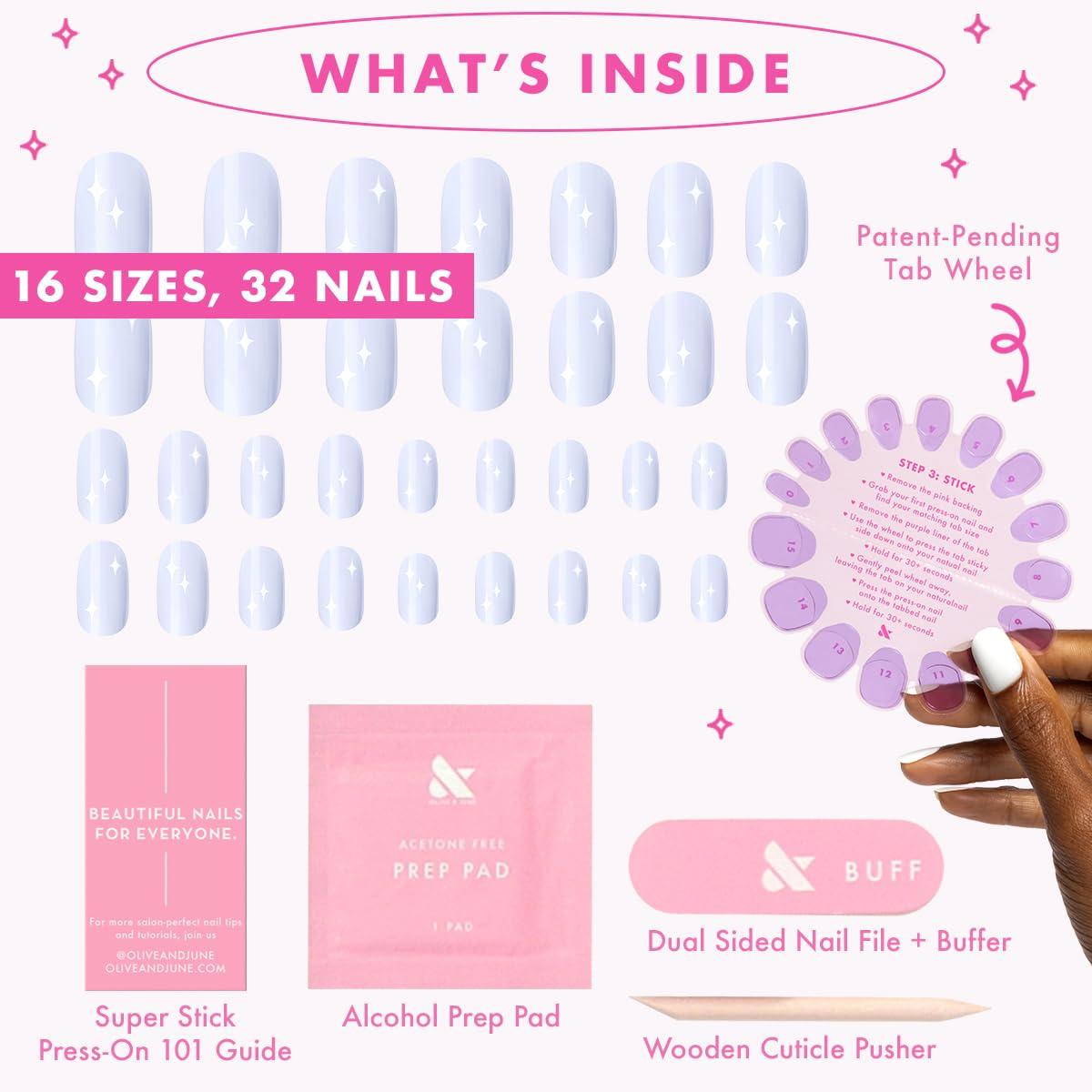 imageOlive ampamp June Classic Super Stick Mani Press On Nails Short Round No Glue Needed 32 Tab Nails in 16 Sizes NonToxic Tabs Easy OnOff NonDamaging Realest Look 7Day Wear Rink Pastel BlueSparkle Accent