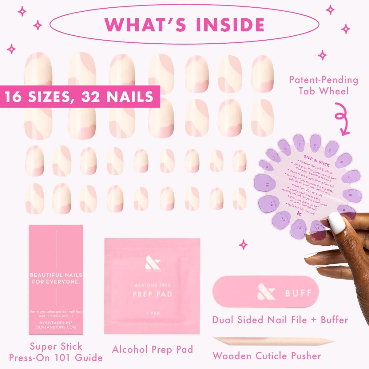 imageOlive ampamp June Classic Super Stick Mani Press On Nails Short Round No Glue Needed 32 Tab Nails in 16 Sizes NonToxic Tabs Easy OnOff NonDamaging Realest Look 7Day Wear Rink Pastel BlueOrganic Swirl