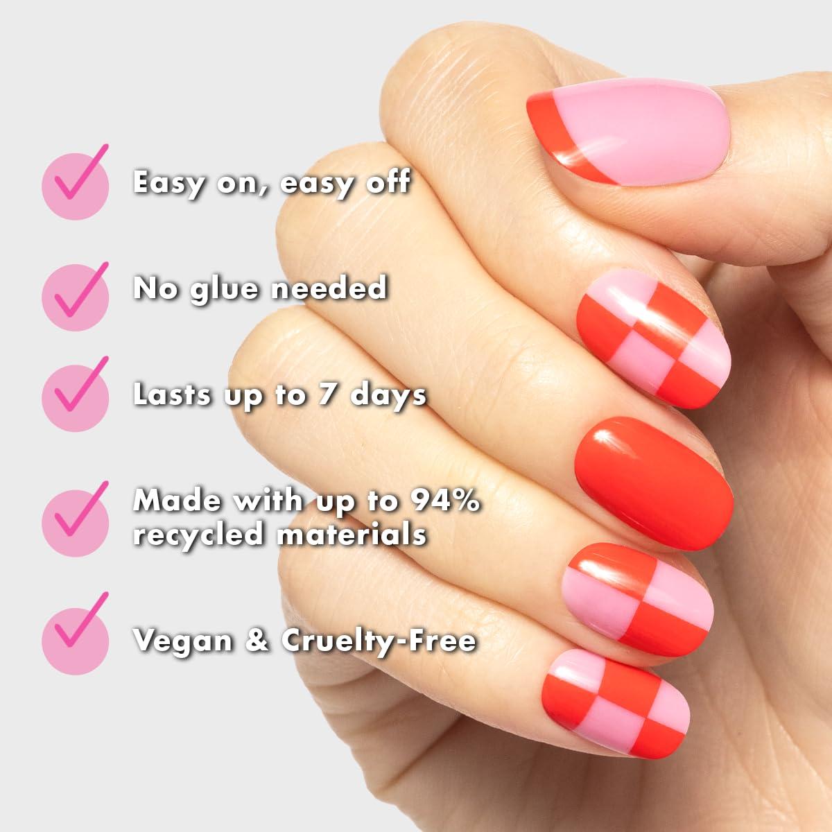 imageOlive ampamp June Classic Super Stick Mani Press On Nails Short Round No Glue Needed 32 Tab Nails in 16 Sizes NonToxic Tabs Easy OnOff NonDamaging Realest Look 7Day Wear Rink Pastel BluePink Checker Party