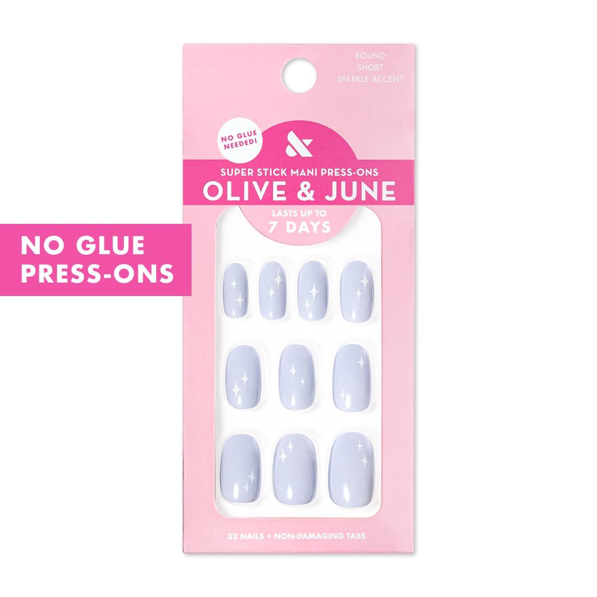 imageOlive ampamp June Classic Super Stick Mani Press On Nails Short Round No Glue Needed 32 Tab Nails in 16 Sizes NonToxic Tabs Easy OnOff NonDamaging Realest Look 7Day Wear Rink Pastel BlueSparkle Accent