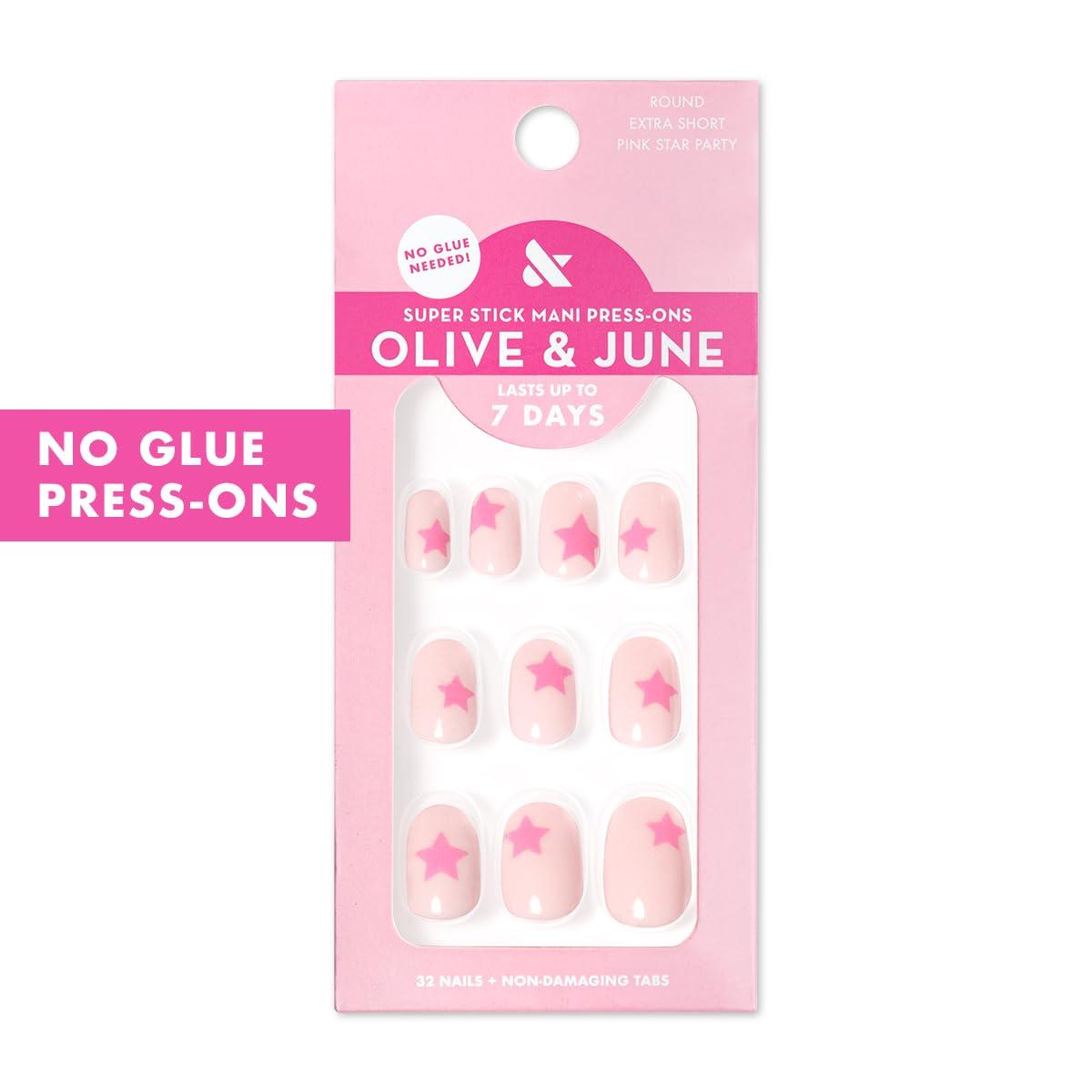 imageOlive ampamp June Classic Super Stick Mani Press On Nails Short Round No Glue Needed 32 Tab Nails in 16 Sizes NonToxic Tabs Easy OnOff NonDamaging Realest Look 7Day Wear Rink Pastel BluePink Star Party