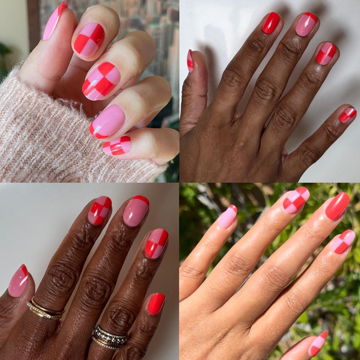 imageOlive ampamp June Classic Super Stick Mani Press On Nails Short Round No Glue Needed 32 Tab Nails in 16 Sizes NonToxic Tabs Easy OnOff NonDamaging Realest Look 7Day Wear Rink Pastel BluePink Checker Party