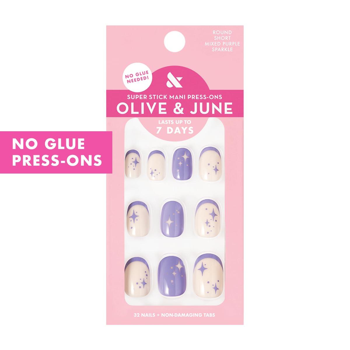 imageOlive ampamp June Classic Super Stick Mani Press On Nails Short Round No Glue Needed 32 Tab Nails in 16 Sizes NonToxic Tabs Easy OnOff NonDamaging Realest Look 7Day Wear Rink Pastel BlueMixed Purple Sparkle