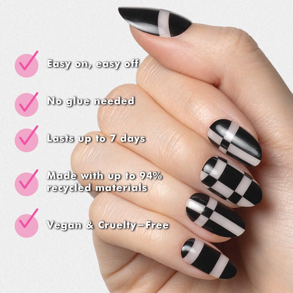 imageOlive ampamp June Classic Super Stick Mani Press On Nails Short Round No Glue Needed 32 Tab Nails in 16 Sizes NonToxic Tabs Easy OnOff NonDamaging Realest Look 7Day Wear Rink Pastel BlueGeometric Plaid