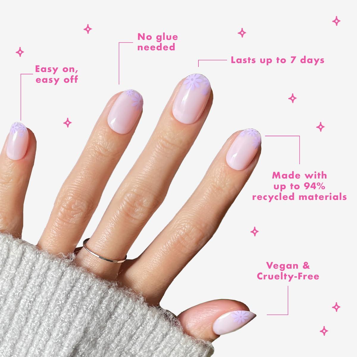 imageOlive ampamp June Classic Super Stick Mani Press On Nails Short Round No Glue Needed 32 Tab Nails in 16 Sizes NonToxic Tabs Easy OnOff NonDamaging Realest Look 7Day Wear Rink Pastel BlueFloral Tip