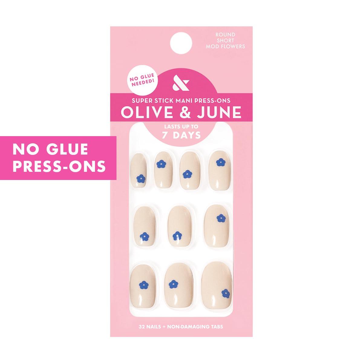 imageOlive ampamp June Classic Super Stick Mani Press On Nails Short Round No Glue Needed 32 Tab Nails in 16 Sizes NonToxic Tabs Easy OnOff NonDamaging Realest Look 7Day Wear Rink Pastel BlueMod Flowers