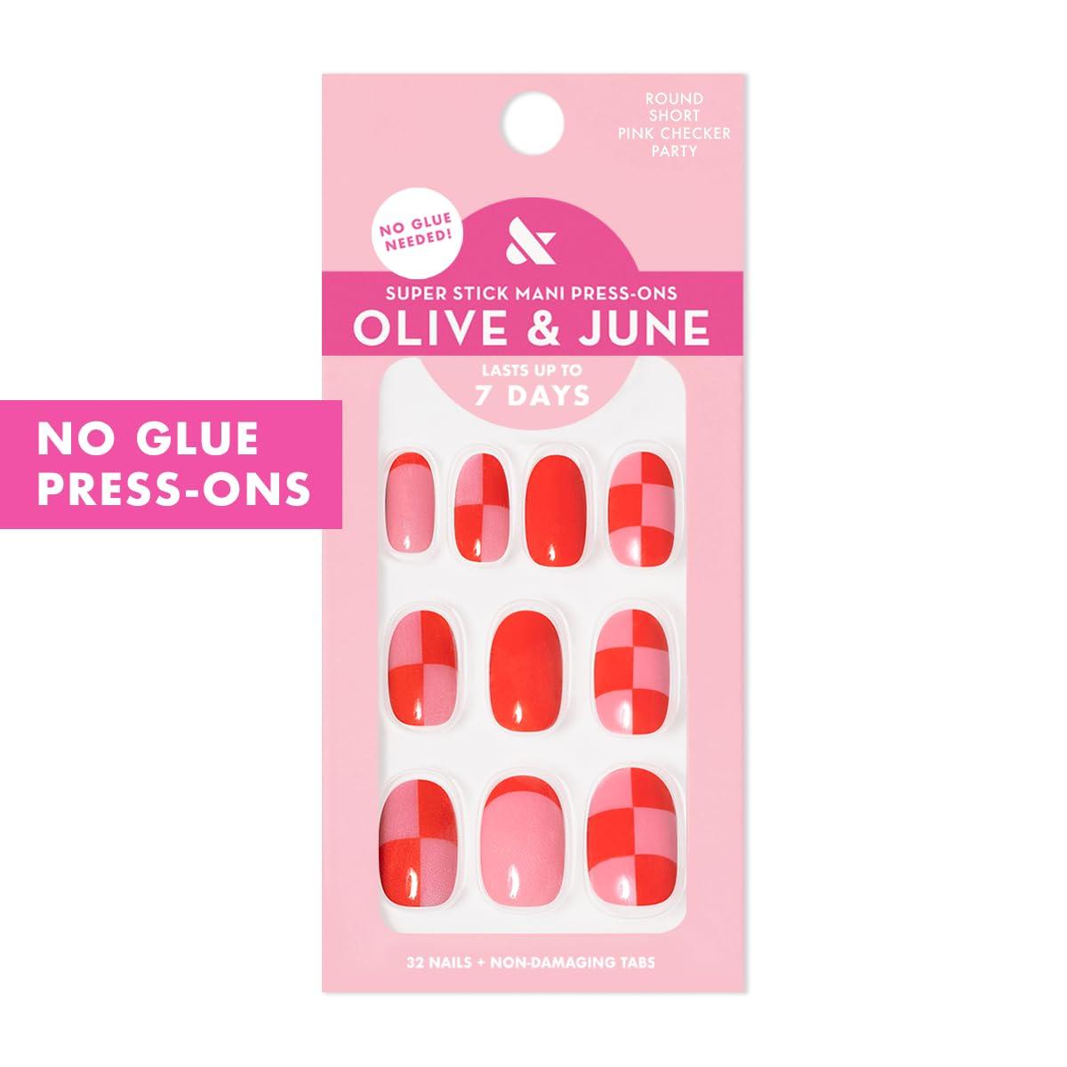 imageOlive ampamp June Classic Super Stick Mani Press On Nails Short Round No Glue Needed 32 Tab Nails in 16 Sizes NonToxic Tabs Easy OnOff NonDamaging Realest Look 7Day Wear Rink Pastel BluePink Checker Party