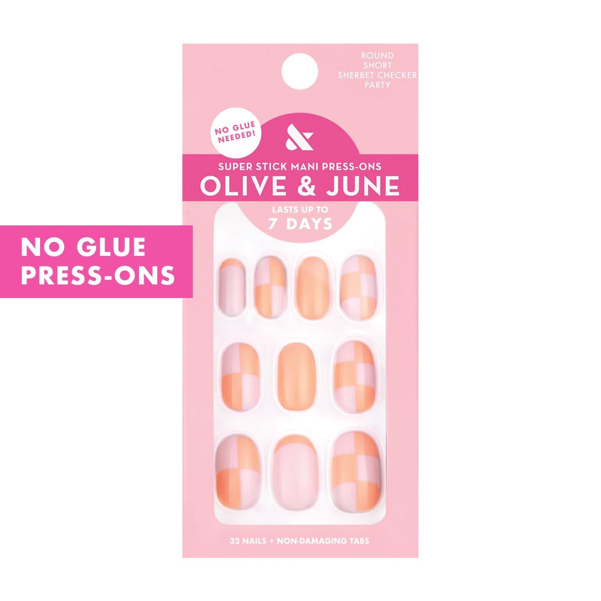 imageOlive ampamp June Classic Super Stick Mani Press On Nails Short Round No Glue Needed 32 Tab Nails in 16 Sizes NonToxic Tabs Easy OnOff NonDamaging Realest Look 7Day Wear Rink Pastel BlueSherbert Checker Party