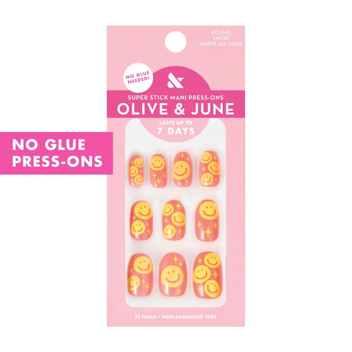 imageOlive ampamp June Classic Super Stick Mani Press On Nails Short Round No Glue Needed 32 Tab Nails in 16 Sizes NonToxic Tabs Easy OnOff NonDamaging Realest Look 7Day Wear Rink Pastel BlueHappy All Over