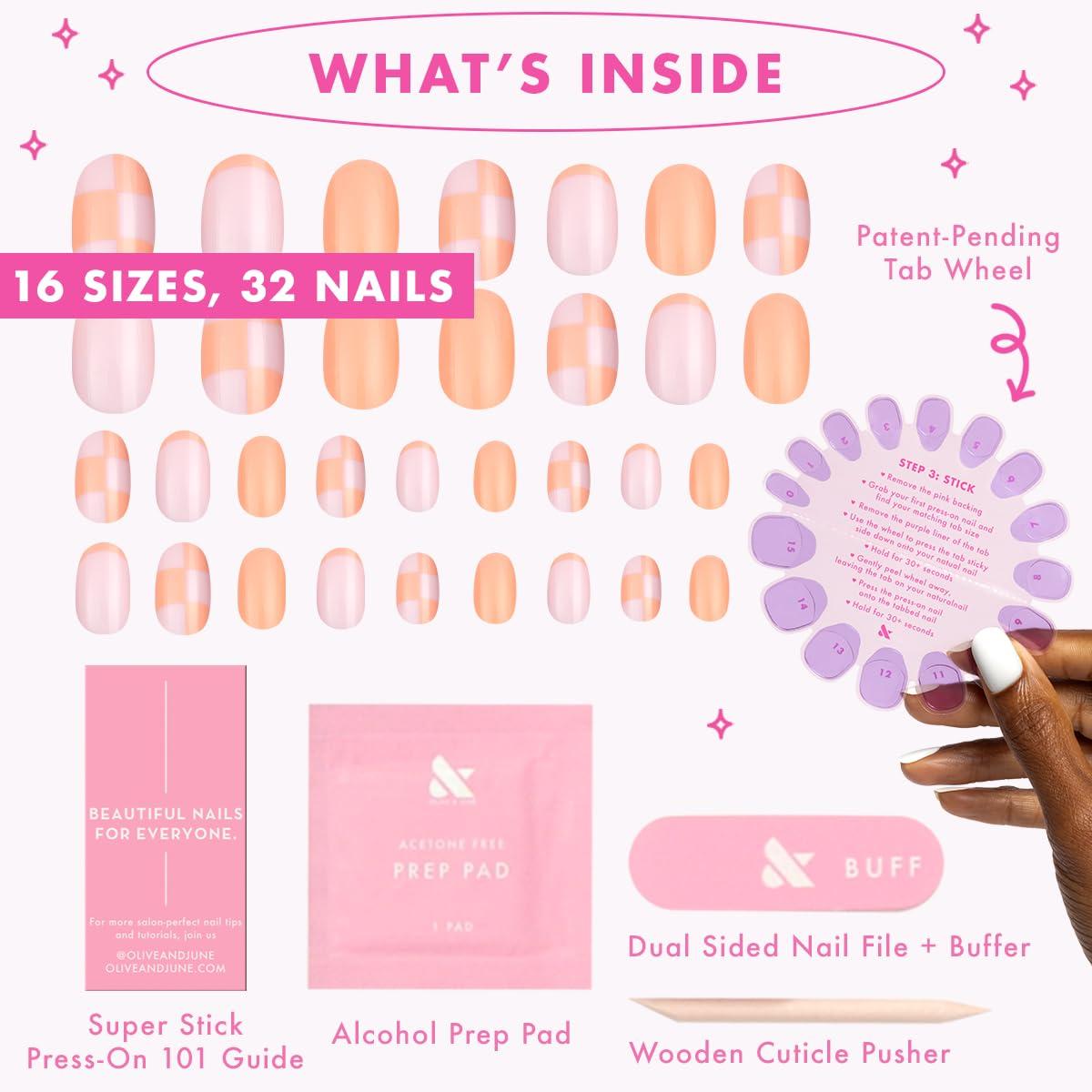 imageOlive ampamp June Classic Super Stick Mani Press On Nails Short Round No Glue Needed 32 Tab Nails in 16 Sizes NonToxic Tabs Easy OnOff NonDamaging Realest Look 7Day Wear Rink Pastel BlueSherbert Checker Party