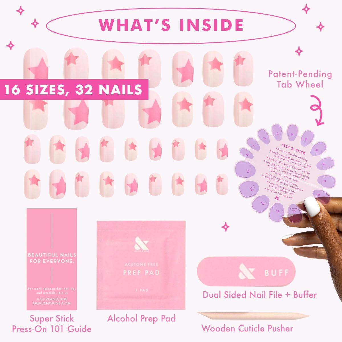 imageOlive ampamp June Classic Super Stick Mani Press On Nails Short Round No Glue Needed 32 Tab Nails in 16 Sizes NonToxic Tabs Easy OnOff NonDamaging Realest Look 7Day Wear Rink Pastel BluePink Star Party