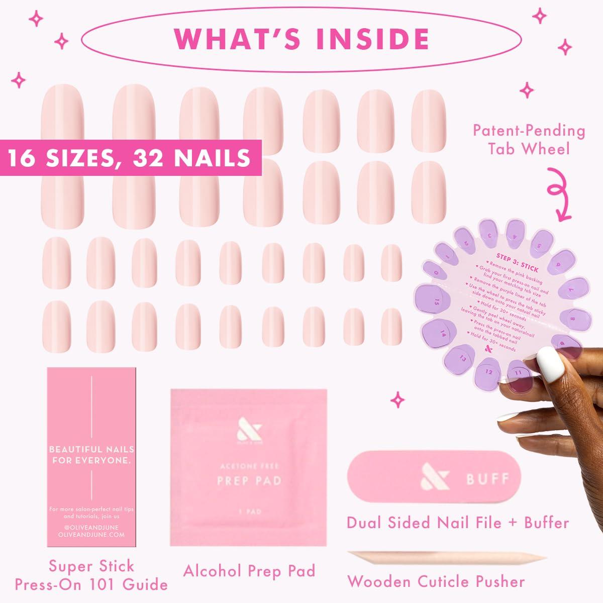 imageOlive ampamp June Classic Super Stick Mani Press On Nails Short Round No Glue Needed 32 Tab Nails in 16 Sizes NonToxic Tabs Easy OnOff NonDamaging Realest Look 7Day Wear Rink Pastel BlueGelato