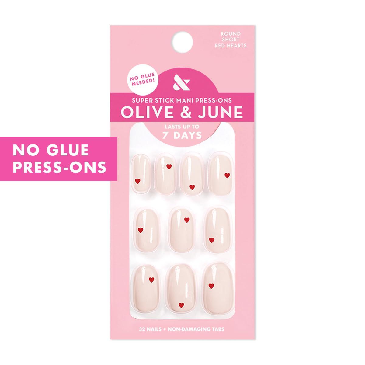 imageOlive ampamp June Classic Super Stick Mani Press On Nails Short Round No Glue Needed 32 Tab Nails in 16 Sizes NonToxic Tabs Easy OnOff NonDamaging Realest Look 7Day Wear Rink Pastel BlueRed Hearts