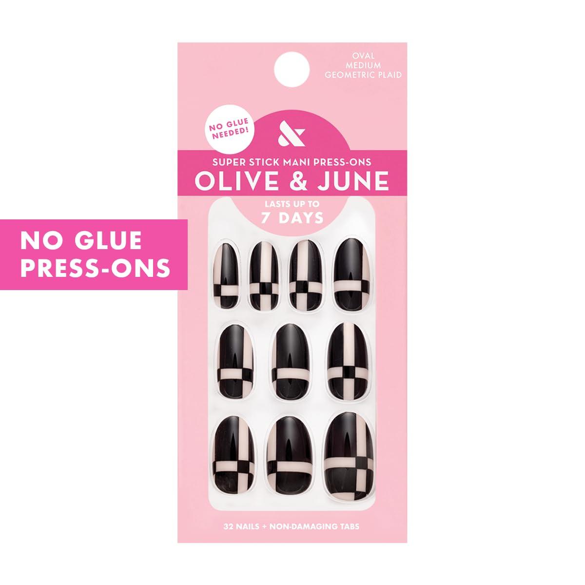 imageOlive ampamp June Classic Super Stick Mani Press On Nails Short Round No Glue Needed 32 Tab Nails in 16 Sizes NonToxic Tabs Easy OnOff NonDamaging Realest Look 7Day Wear Rink Pastel BlueGeometric Plaid