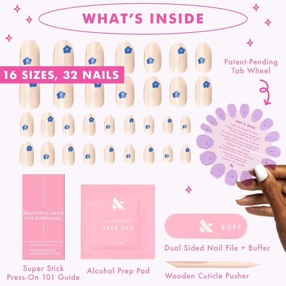 imageOlive ampamp June Classic Super Stick Mani Press On Nails Short Round No Glue Needed 32 Tab Nails in 16 Sizes NonToxic Tabs Easy OnOff NonDamaging Realest Look 7Day Wear Rink Pastel BlueMod Flowers