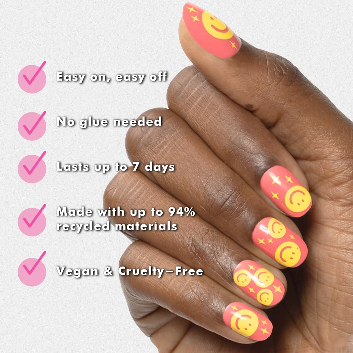 imageOlive ampamp June Classic Super Stick Mani Press On Nails Short Round No Glue Needed 32 Tab Nails in 16 Sizes NonToxic Tabs Easy OnOff NonDamaging Realest Look 7Day Wear Rink Pastel BlueHappy All Over