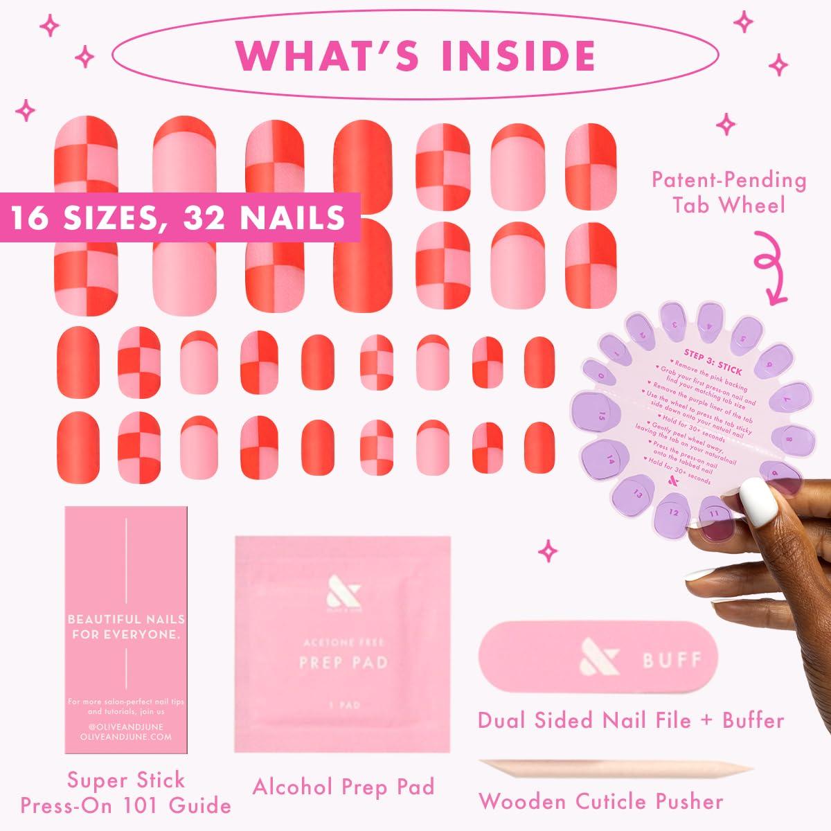 imageOlive ampamp June Classic Super Stick Mani Press On Nails Short Round No Glue Needed 32 Tab Nails in 16 Sizes NonToxic Tabs Easy OnOff NonDamaging Realest Look 7Day Wear Rink Pastel BluePink Checker Party
