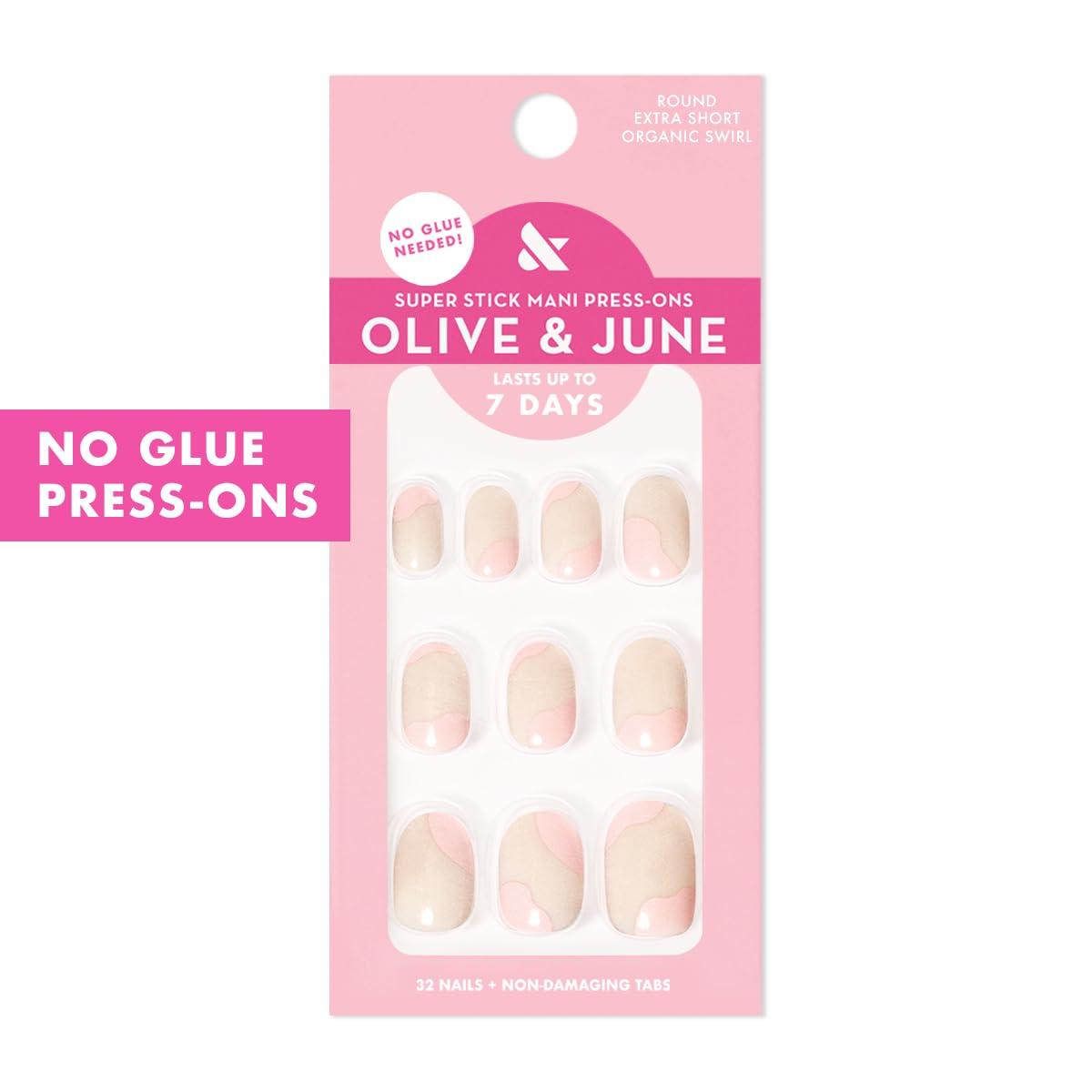 imageOlive ampamp June Classic Super Stick Mani Press On Nails Short Round No Glue Needed 32 Tab Nails in 16 Sizes NonToxic Tabs Easy OnOff NonDamaging Realest Look 7Day Wear Rink Pastel BlueOrganic Swirl