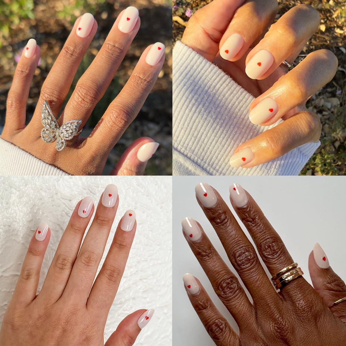 imageOlive ampamp June Classic Super Stick Mani Press On Nails Short Round No Glue Needed 32 Tab Nails in 16 Sizes NonToxic Tabs Easy OnOff NonDamaging Realest Look 7Day Wear Rink Pastel BlueRed Hearts