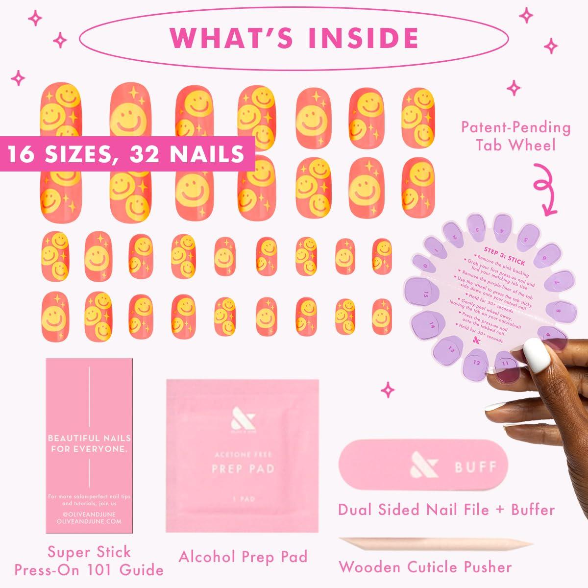 imageOlive ampamp June Classic Super Stick Mani Press On Nails Short Round No Glue Needed 32 Tab Nails in 16 Sizes NonToxic Tabs Easy OnOff NonDamaging Realest Look 7Day Wear Rink Pastel BlueHappy All Over