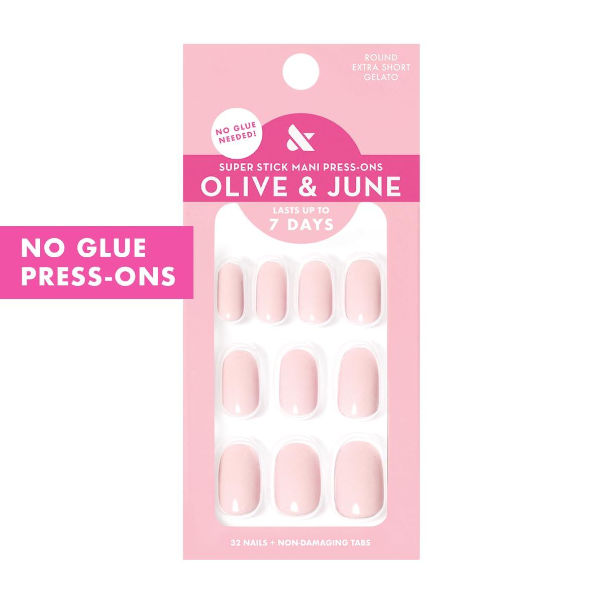 imageOlive ampamp June Classic Super Stick Mani Press On Nails Short Round No Glue Needed 32 Tab Nails in 16 Sizes NonToxic Tabs Easy OnOff NonDamaging Realest Look 7Day Wear Rink Pastel BlueGelato