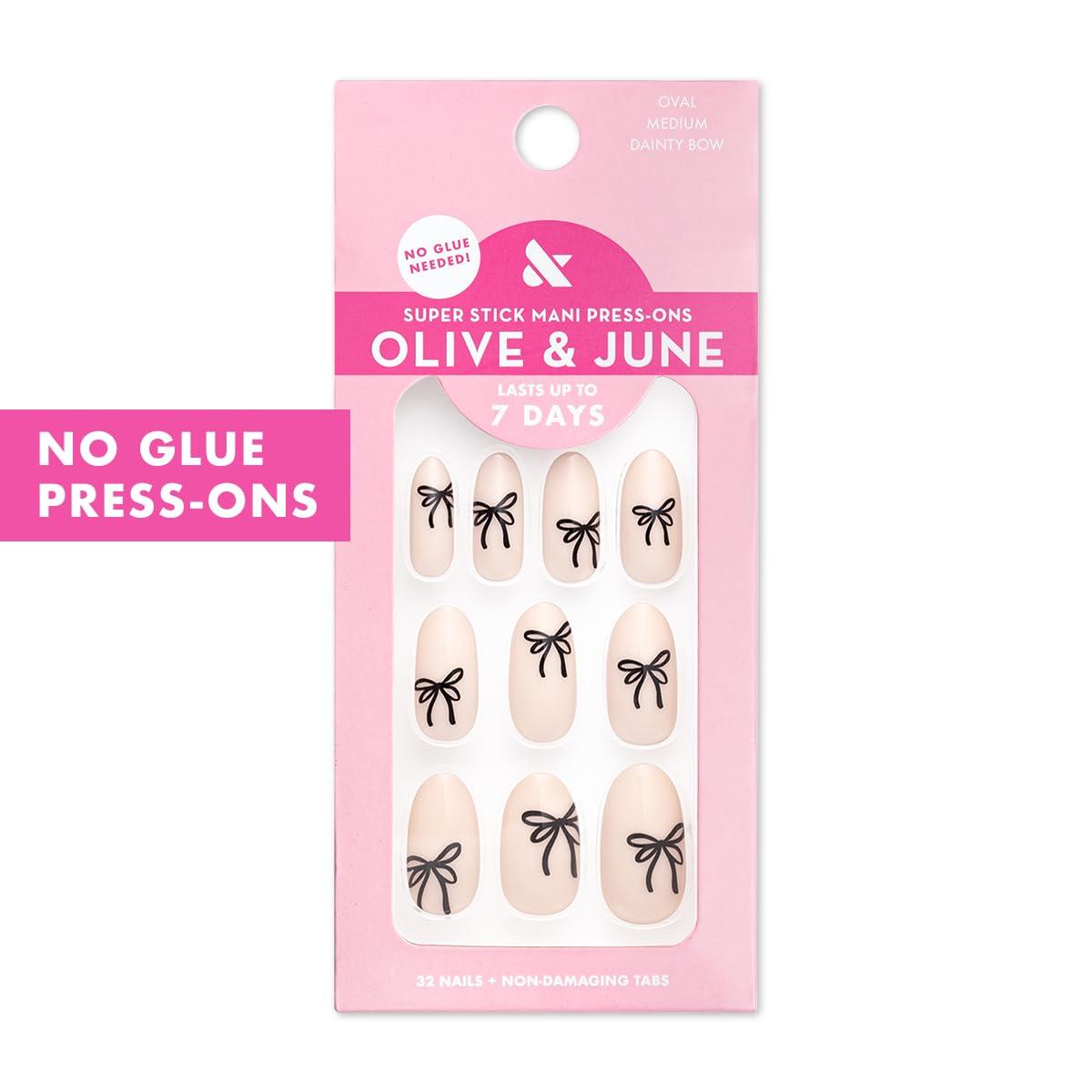 imageOlive ampamp June Classic Super Stick Mani Press On Nails Short Round No Glue Needed 32 Tab Nails in 16 Sizes NonToxic Tabs Easy OnOff NonDamaging Realest Look 7Day Wear Rink Pastel BlueDainty Bows