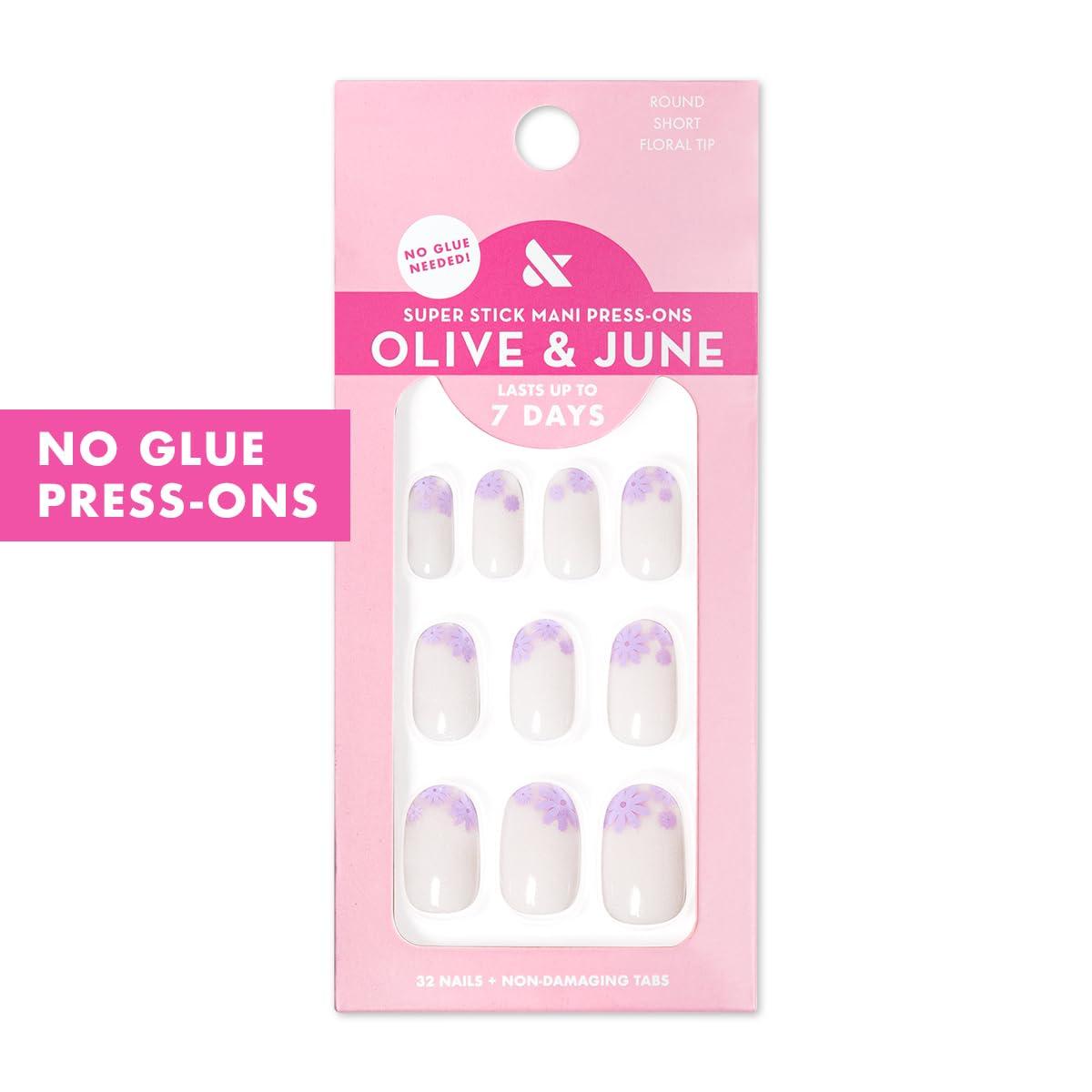 imageOlive ampamp June Classic Super Stick Mani Press On Nails Short Round No Glue Needed 32 Tab Nails in 16 Sizes NonToxic Tabs Easy OnOff NonDamaging Realest Look 7Day Wear Rink Pastel BlueFloral Tip