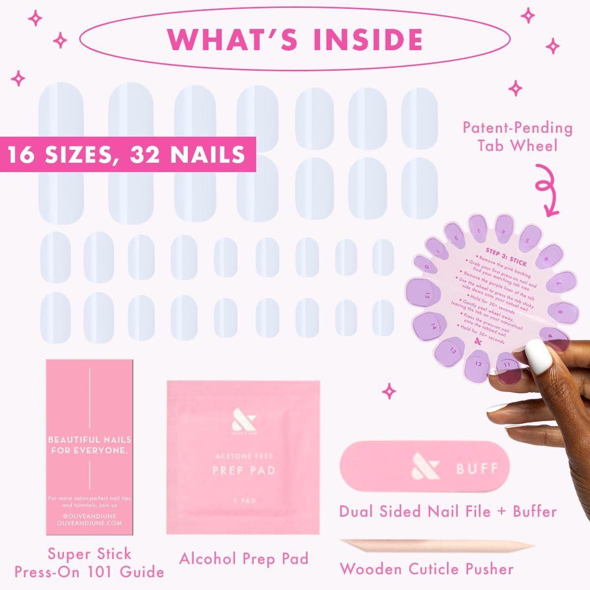 imageOlive ampamp June Classic Super Stick Mani Press On Nails Short Round No Glue Needed 32 Tab Nails in 16 Sizes NonToxic Tabs Easy OnOff NonDamaging Realest Look 7Day Wear Rink Pastel BlueRink