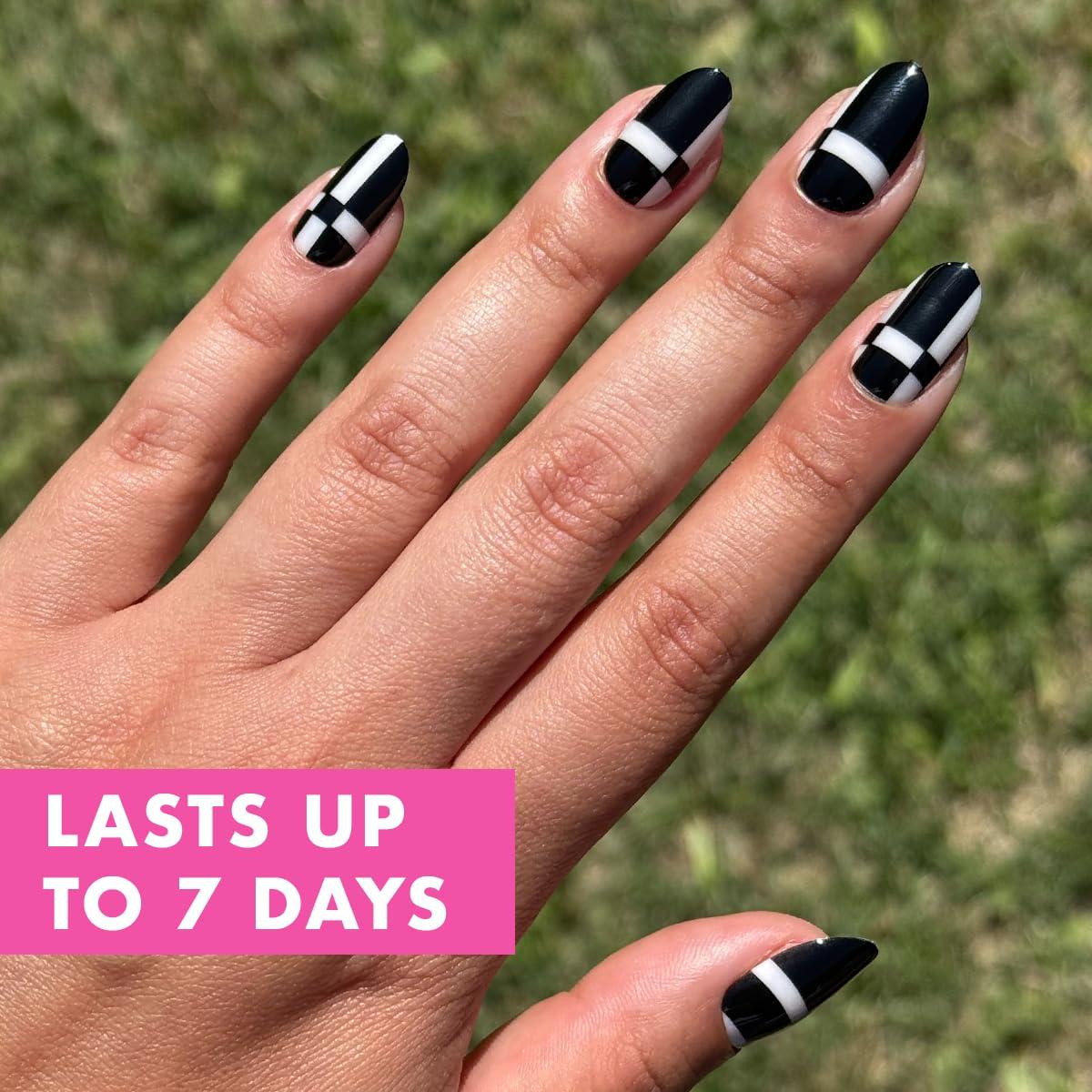 imageOlive ampamp June Classic Super Stick Mani Press On Nails Short Round No Glue Needed 32 Tab Nails in 16 Sizes NonToxic Tabs Easy OnOff NonDamaging Realest Look 7Day Wear Rink Pastel BlueGeometric Plaid