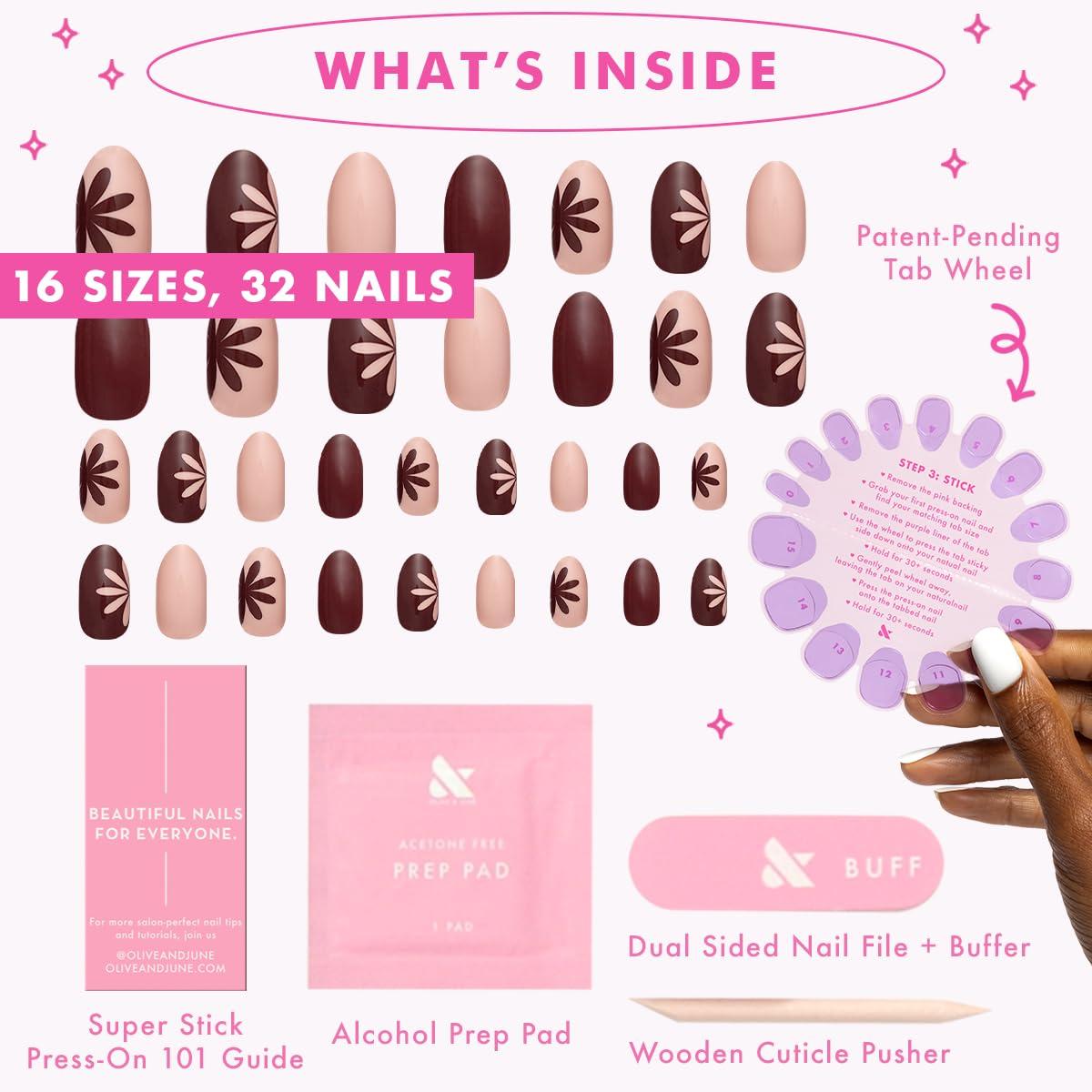 imageOlive ampamp June Classic Super Stick Mani Press On Nails Short Round No Glue Needed 32 Tab Nails in 16 Sizes NonToxic Tabs Easy OnOff NonDamaging Realest Look 7Day Wear Rink Pastel BlueBig Duo Toned Flowers