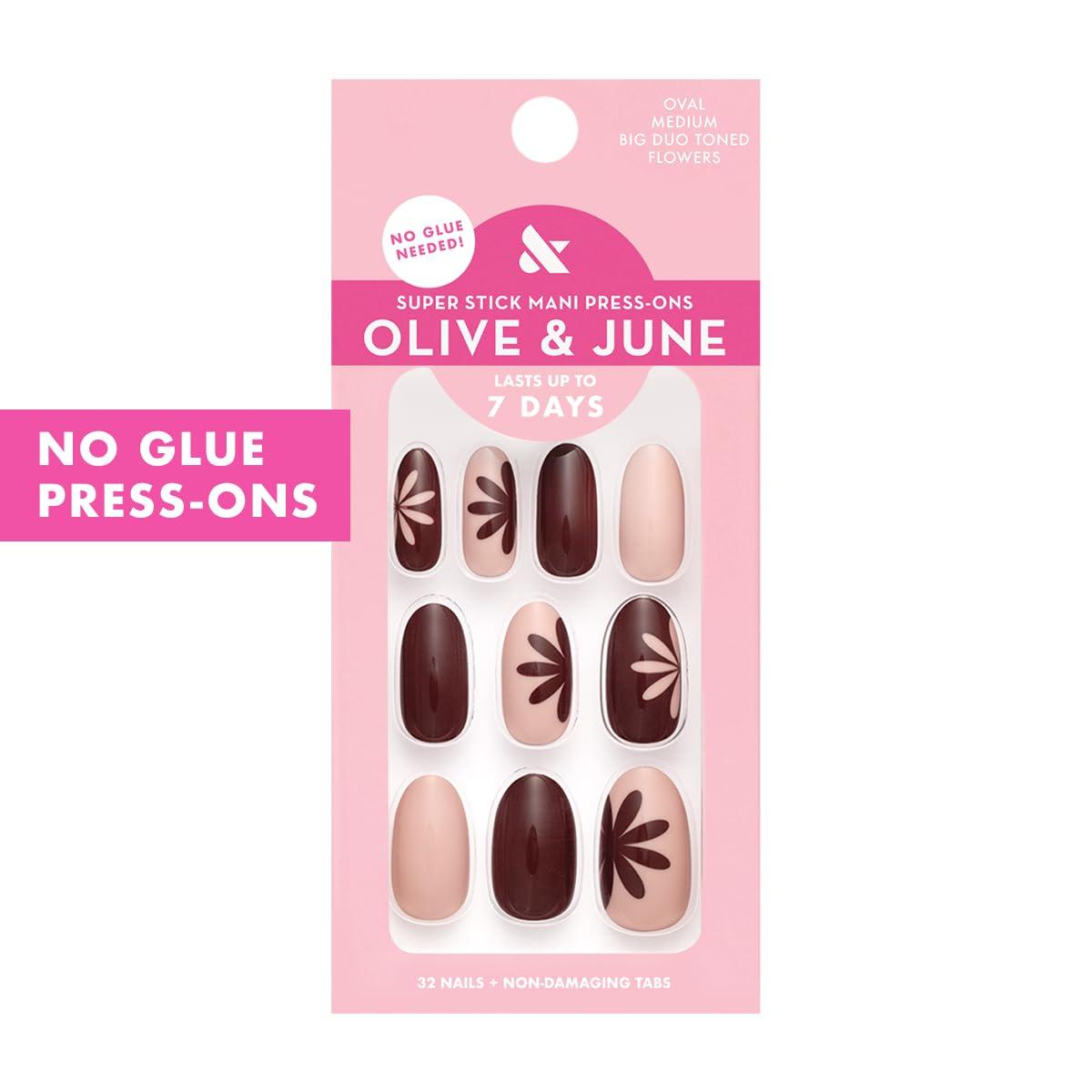 imageOlive ampamp June Classic Super Stick Mani Press On Nails Short Round No Glue Needed 32 Tab Nails in 16 Sizes NonToxic Tabs Easy OnOff NonDamaging Realest Look 7Day Wear Rink Pastel BlueBig Duo Toned Flowers