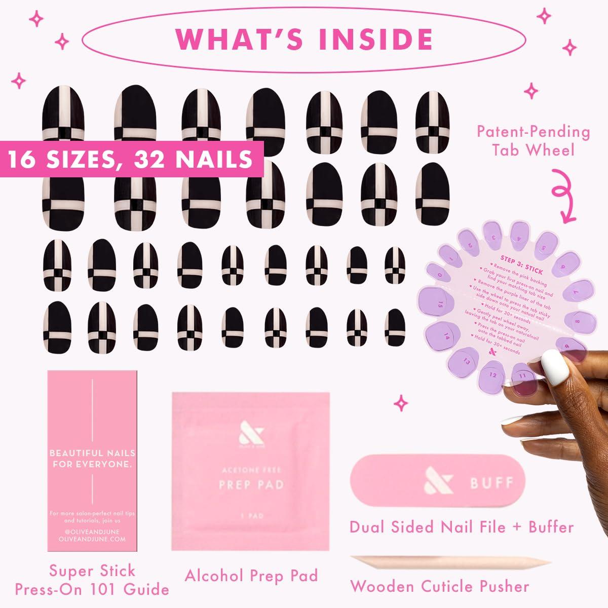 imageOlive ampamp June Classic Super Stick Mani Press On Nails Short Round No Glue Needed 32 Tab Nails in 16 Sizes NonToxic Tabs Easy OnOff NonDamaging Realest Look 7Day Wear Rink Pastel BlueGeometric Plaid