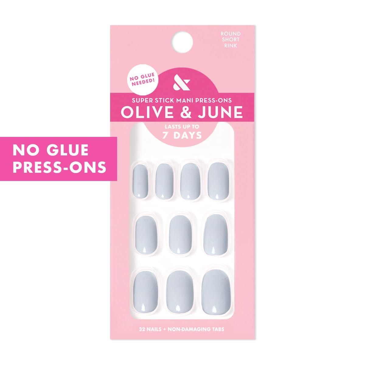 imageOlive ampamp June Classic Super Stick Mani Press On Nails Short Round No Glue Needed 32 Tab Nails in 16 Sizes NonToxic Tabs Easy OnOff NonDamaging Realest Look 7Day Wear Rink Pastel BlueRink