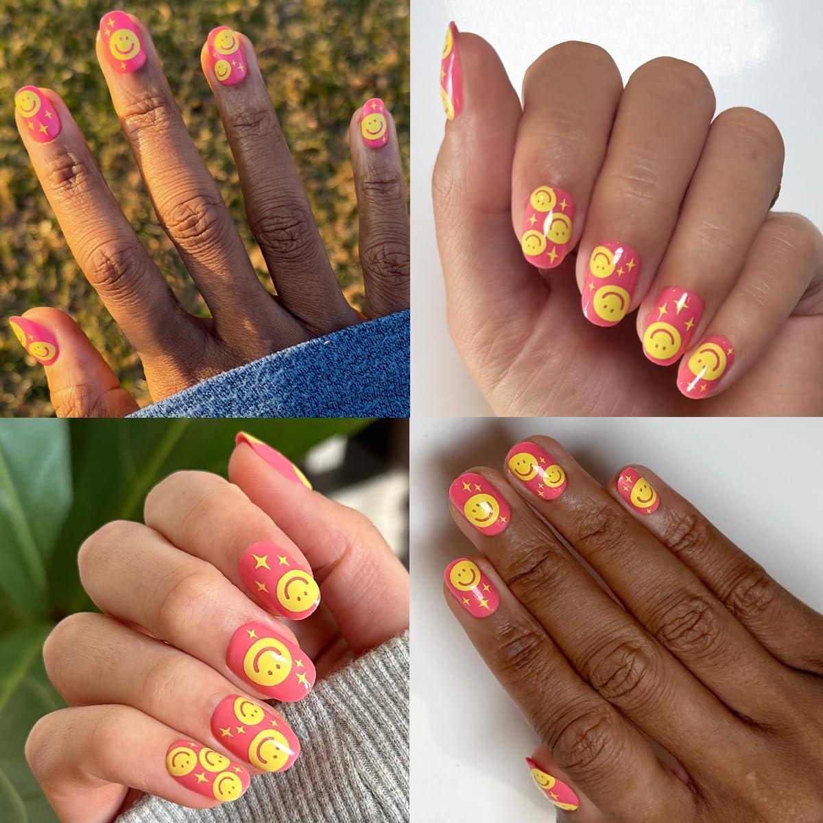 imageOlive ampamp June Classic Super Stick Mani Press On Nails Short Round No Glue Needed 32 Tab Nails in 16 Sizes NonToxic Tabs Easy OnOff NonDamaging Realest Look 7Day Wear Rink Pastel BlueHappy All Over