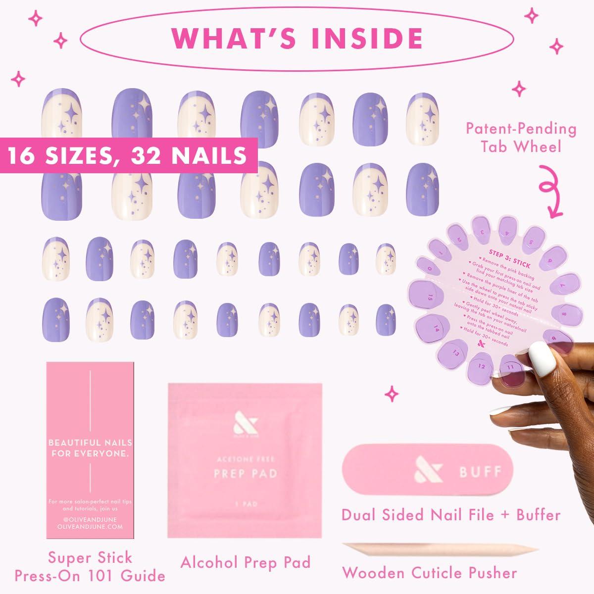 imageOlive ampamp June Classic Super Stick Mani Press On Nails Short Round No Glue Needed 32 Tab Nails in 16 Sizes NonToxic Tabs Easy OnOff NonDamaging Realest Look 7Day Wear Rink Pastel BlueMixed Purple Sparkle