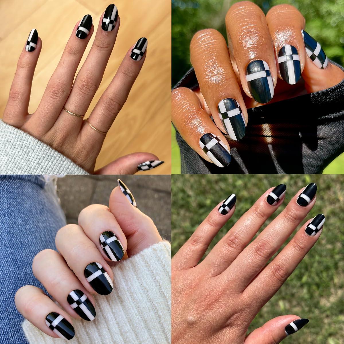 imageOlive ampamp June Classic Super Stick Mani Press On Nails Short Round No Glue Needed 32 Tab Nails in 16 Sizes NonToxic Tabs Easy OnOff NonDamaging Realest Look 7Day Wear Rink Pastel BlueGeometric Plaid