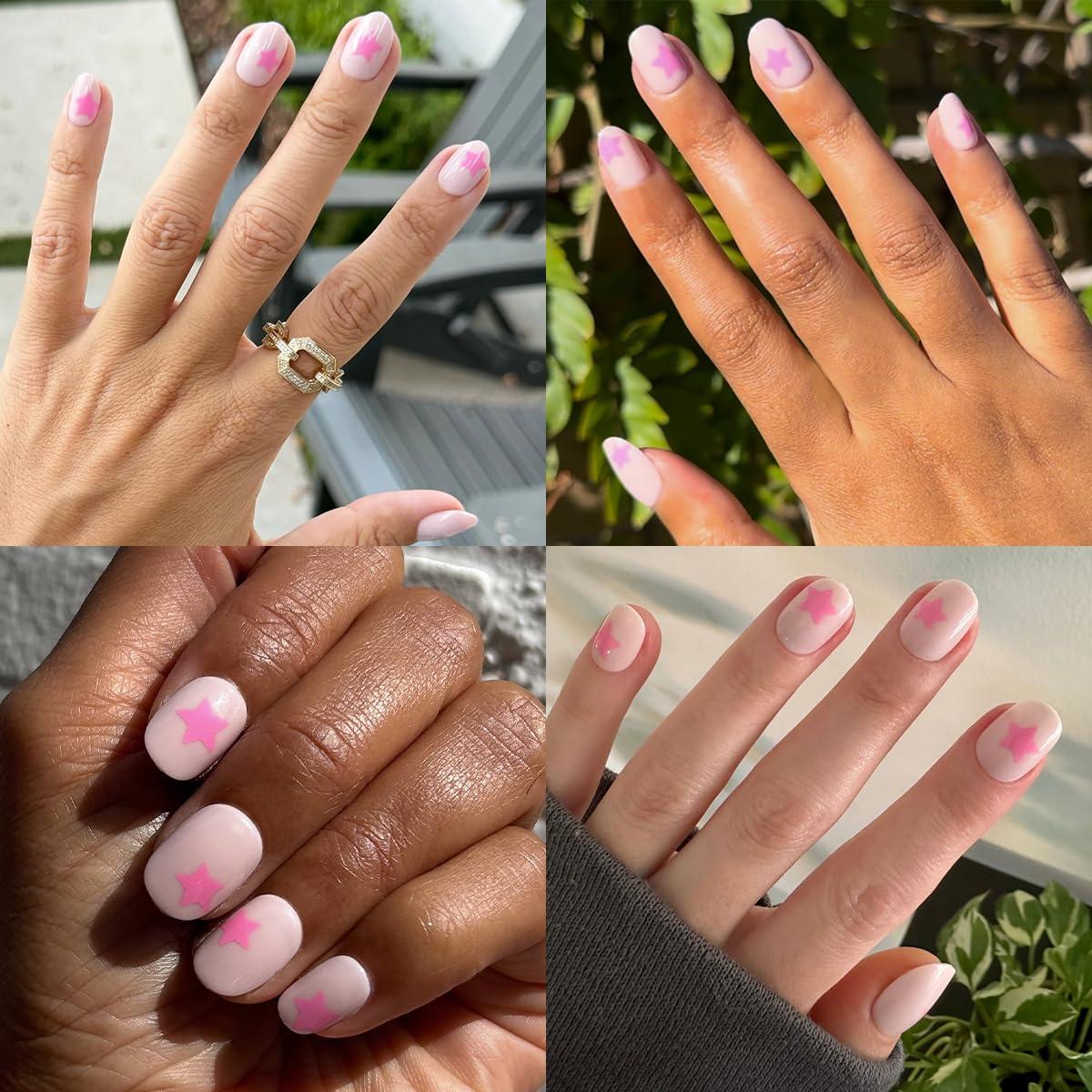 imageOlive ampamp June Classic Super Stick Mani Press On Nails Short Round No Glue Needed 32 Tab Nails in 16 Sizes NonToxic Tabs Easy OnOff NonDamaging Realest Look 7Day Wear Rink Pastel BluePink Star Party