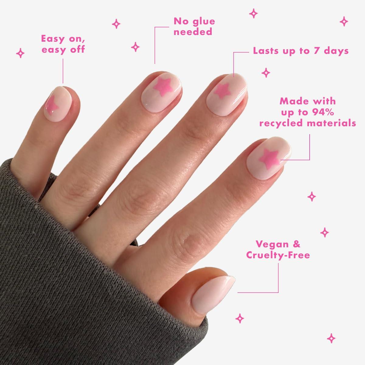 imageOlive ampamp June Classic Super Stick Mani Press On Nails Short Round No Glue Needed 32 Tab Nails in 16 Sizes NonToxic Tabs Easy OnOff NonDamaging Realest Look 7Day Wear Rink Pastel BluePink Star Party