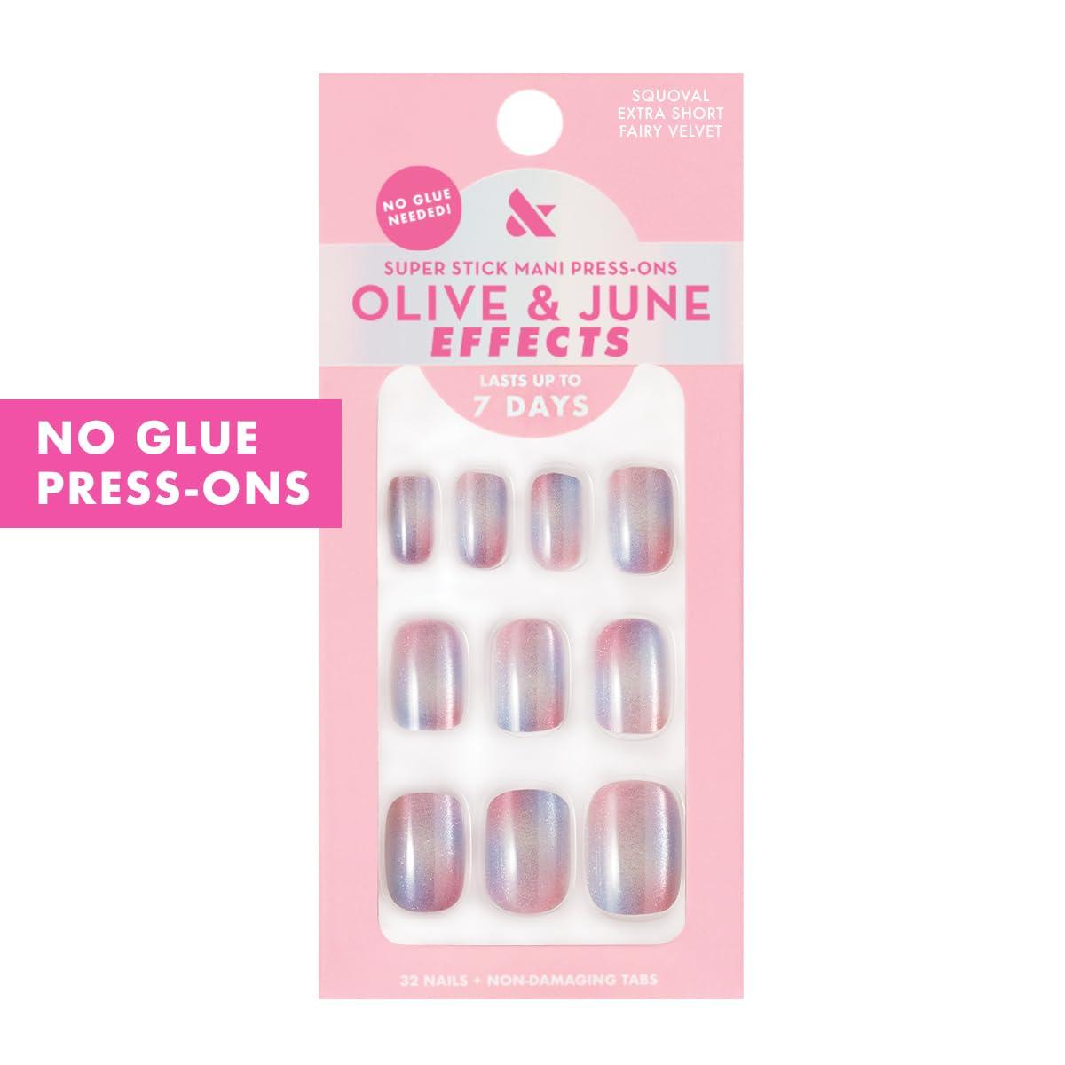 imageOlive ampamp June Effects Super Stick Mani Press On Nails Extra Short Squoval No Glue Needed 32 Tab Nails in 16 Sizes NonToxic Tabs Easy OnOff NonDamaging Real Look 7Day Wear Fairy VelvetFairy Velvet