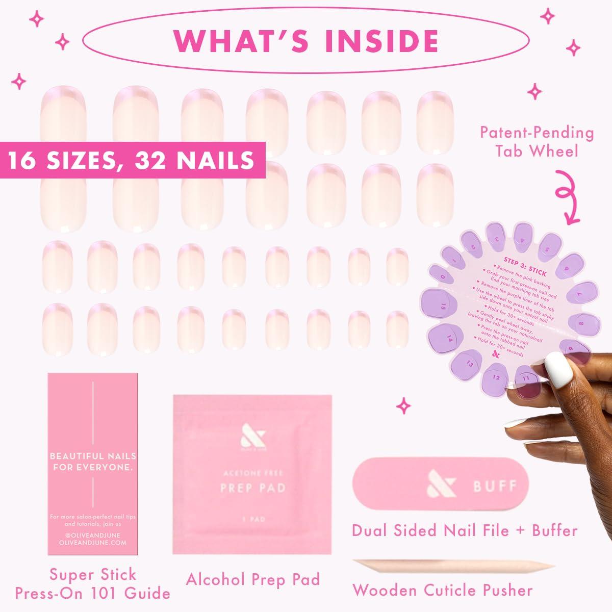 imageOlive ampamp June Effects Super Stick Mani Press On Nails Extra Short Squoval No Glue Needed 32 Tab Nails in 16 Sizes NonToxic Tabs Easy OnOff NonDamaging Real Look 7Day Wear Fairy VelvetGlazed French