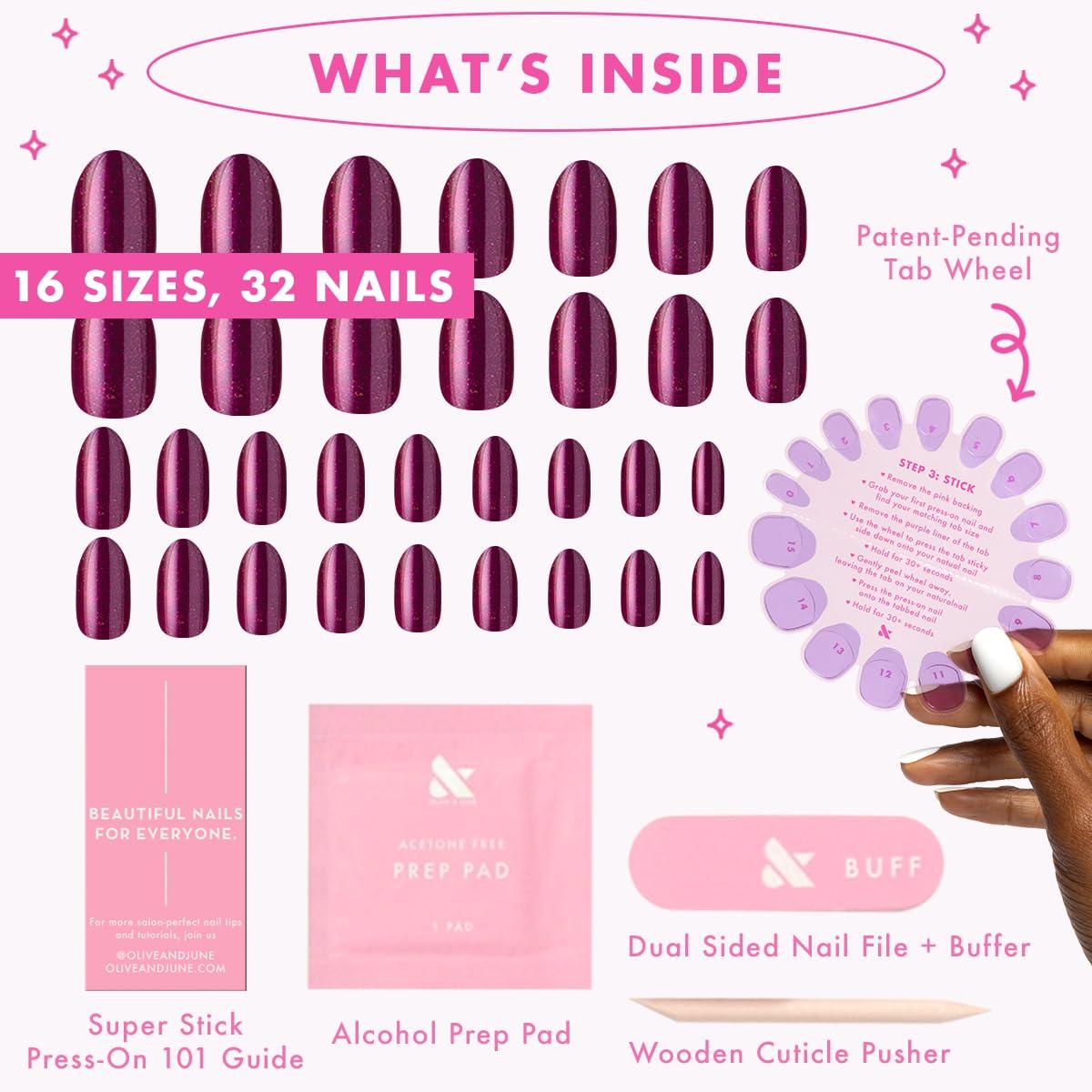 imageOlive ampamp June Effects Super Stick Mani Press On Nails Extra Short Squoval No Glue Needed 32 Tab Nails in 16 Sizes NonToxic Tabs Easy OnOff NonDamaging Real Look 7Day Wear Fairy VelvetPlaza Shimmer