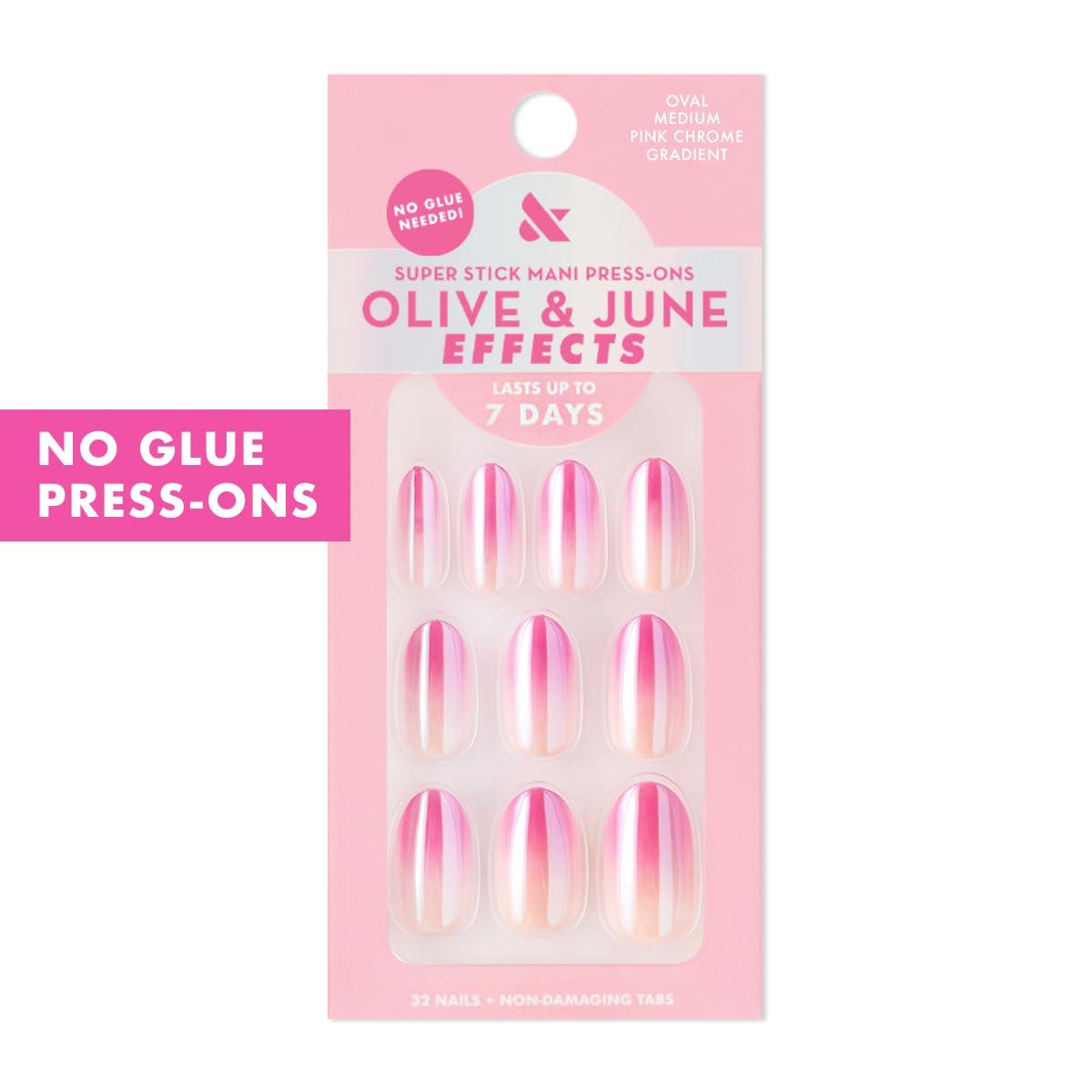 imageOlive ampamp June Effects Super Stick Mani Press On Nails Extra Short Squoval No Glue Needed 32 Tab Nails in 16 Sizes NonToxic Tabs Easy OnOff NonDamaging Real Look 7Day Wear Fairy VelvetPink Chrome Gradient