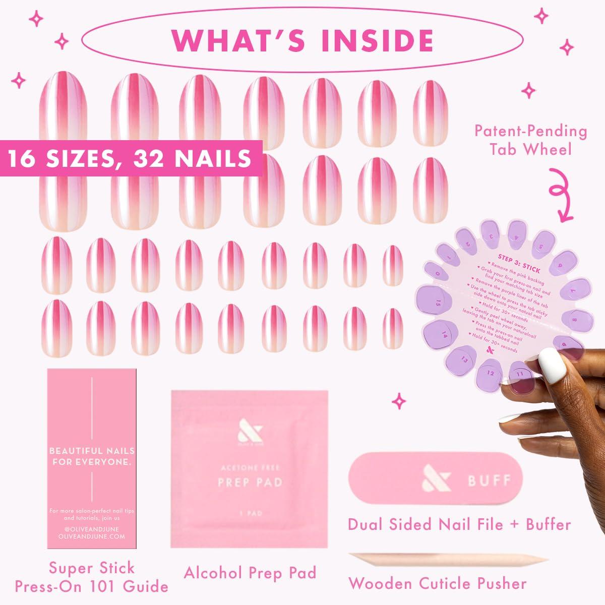 imageOlive ampamp June Effects Super Stick Mani Press On Nails Extra Short Squoval No Glue Needed 32 Tab Nails in 16 Sizes NonToxic Tabs Easy OnOff NonDamaging Real Look 7Day Wear Fairy VelvetPink Chrome Gradient