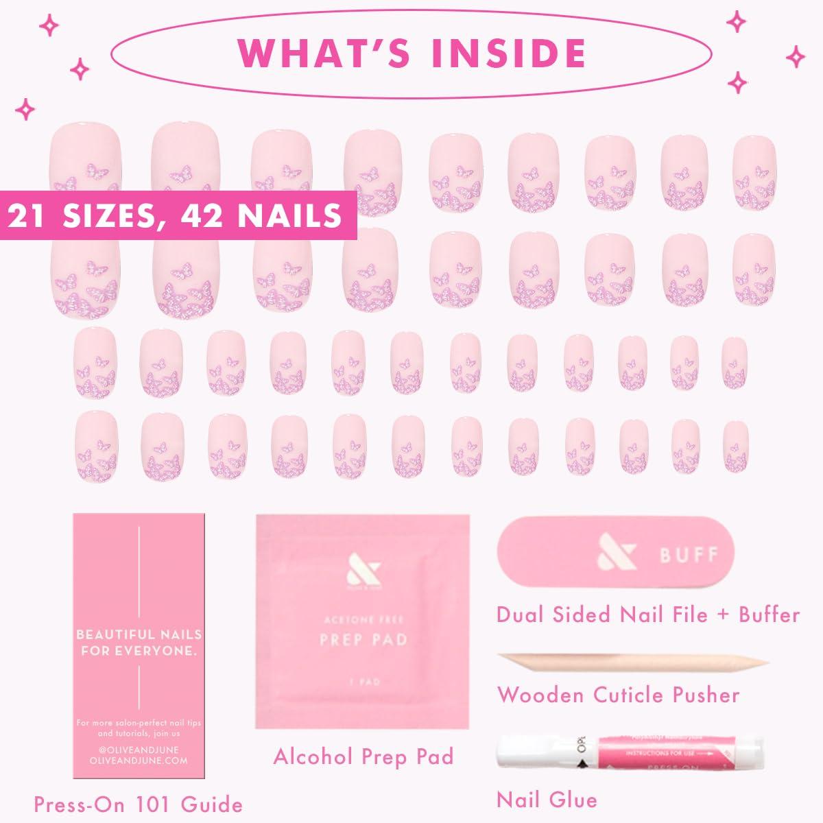imageOlive ampamp June Instant Mani Press On Nails Glue 42 Fake Nails 21 Sizes NonToxic LongLasting Recycled Materials Realistic LookButterfly Ombre