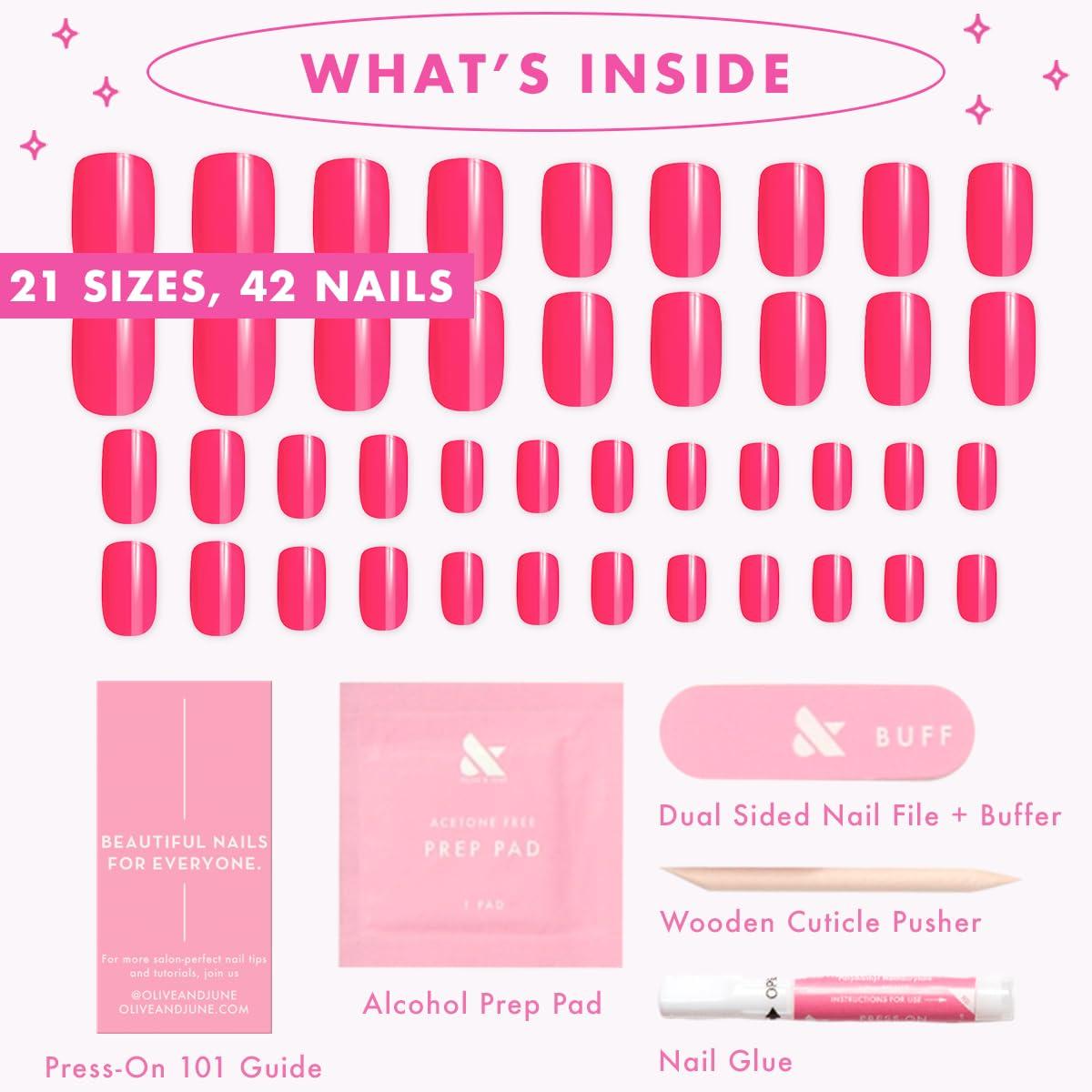 imageOlive ampamp June Instant Mani Press On Nails Glue 42 Fake Nails 21 Sizes NonToxic LongLasting Recycled Materials Realistic LookHot Strawberry