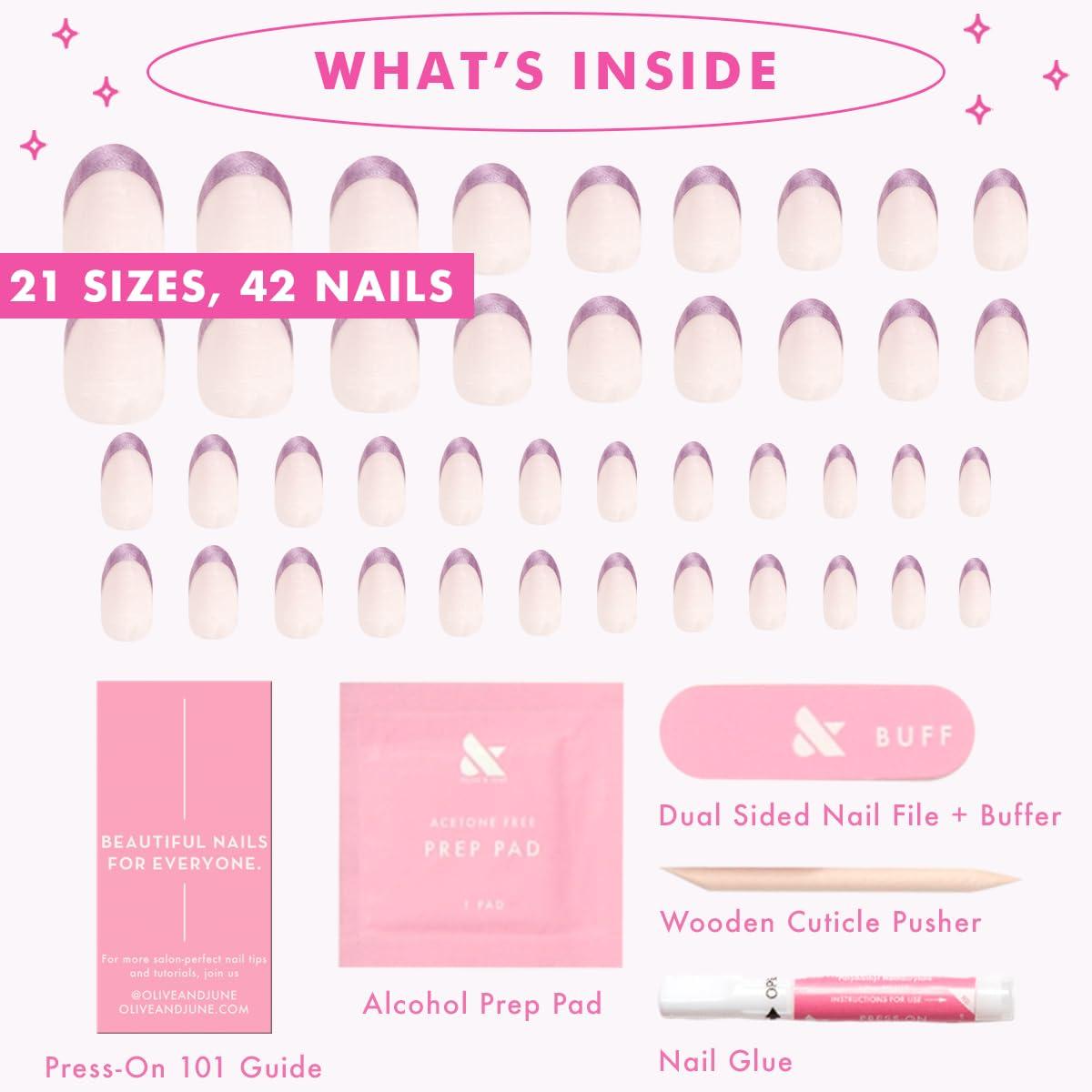 imageOlive ampamp June Instant Mani Press On Nails Glue 42 Fake Nails 21 Sizes NonToxic LongLasting Recycled Materials Realistic LookMetallic French Lilac Shimmer